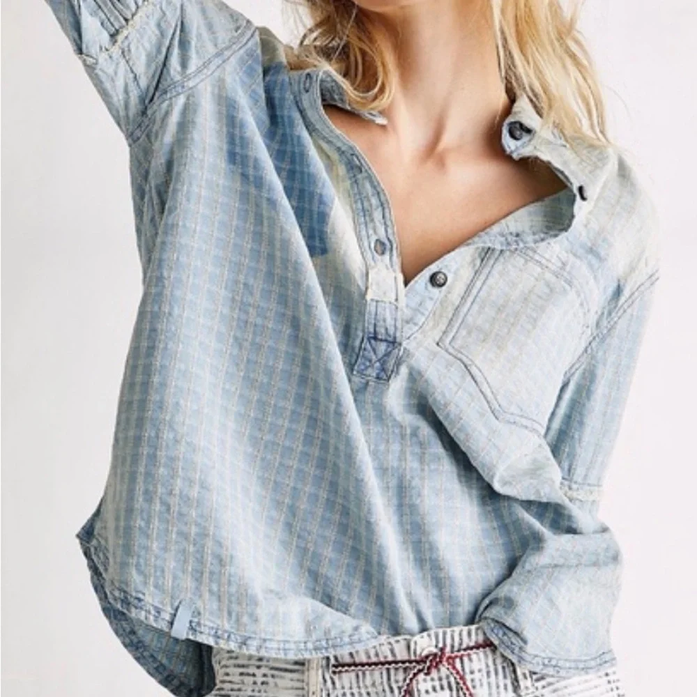 We The Free Washed Light Blue Plaid Pullover Shirt - Picture 3 of 5